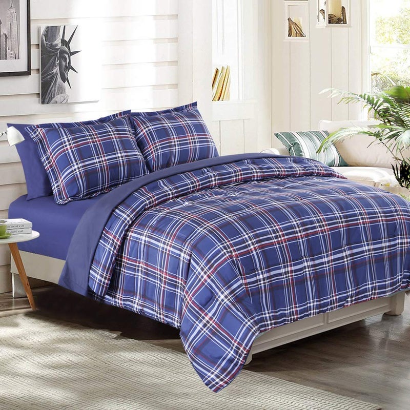 EMME Queen Comforter Set with Sheets, 7 Piece Queen Size Bedding Sets, All Season Plaid Bedspread Bed Set with 1 Comforter, 1 Flat Sheet, 2 Pillowcases and 2 Pillow Shams - Image 4